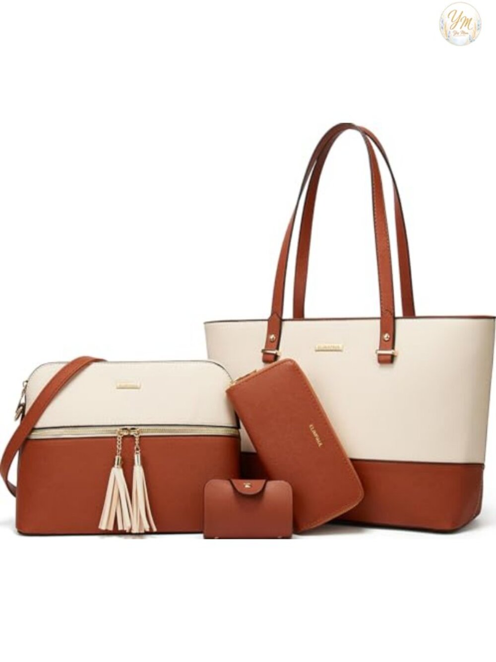 Synthetic Leather Satchel Tote Bag Set with Crossbody and Cosmetic Bag